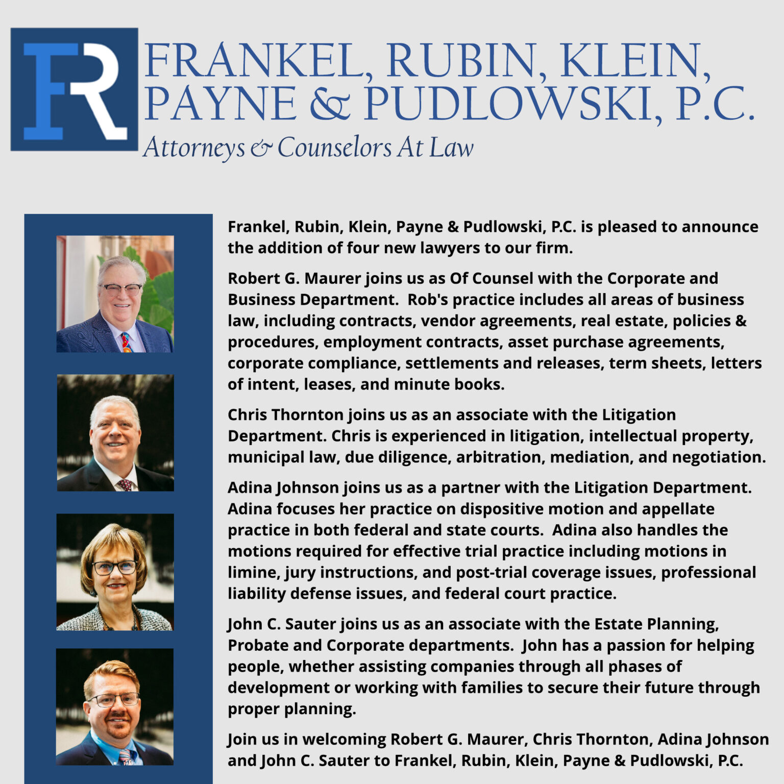 New Attorney Announcement - Frankel, Rubin, Klein, Payne & Pudlowski, P.C.